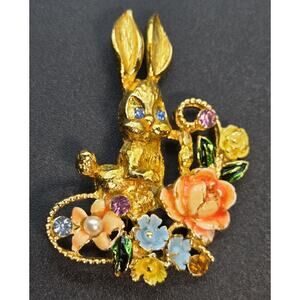 Easter Bunny Brooch Vintage 1960s w/ Rhinestones Enamel Flowers Faux Pearl